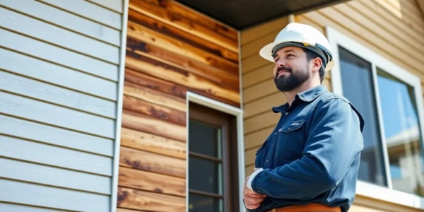 Experienced siding contractor installing vinyl and cedar siding on a residential house, highlighting craftsmanship and material durability, with a focus on quality services for homeowners.