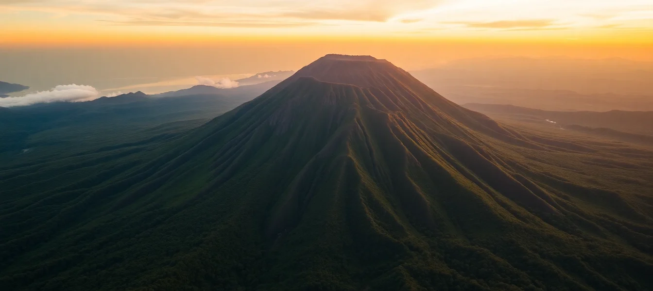Majestic Mount Rinjani with lush greenery and volcanic crater, sunlight highlighting its grandeur, perfect for adventure and travel context.