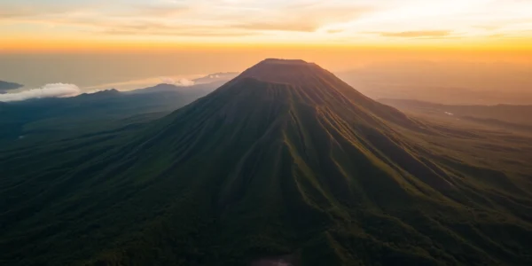 Majestic Mount Rinjani with lush greenery and volcanic crater, sunlight highlighting its grandeur, perfect for adventure and travel context.