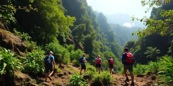 Hiking in lush tropical forests of Lombok, Indonesia, with hikers trekking along scenic mountain trails.