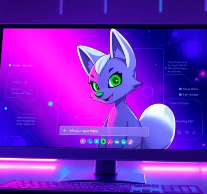 Futuristic AI chat interface with a playful fox-like character in a cyberpunk setting.