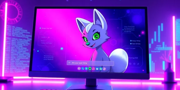Futuristic AI chat interface with a playful fox-like character in a cyberpunk setting.