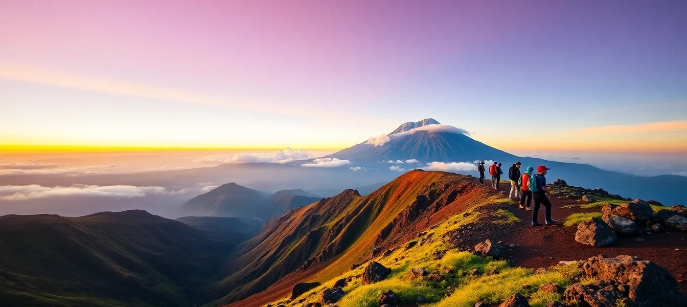Hikers overlooking Mount Rinjani at sunrise from the crater rim with lush green slopes and colorful sky