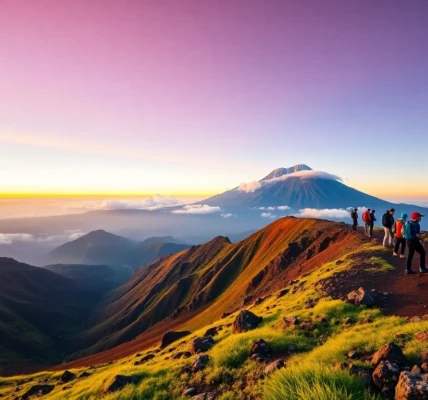 Hikers overlooking Mount Rinjani at sunrise from the crater rim with lush green slopes and colorful sky