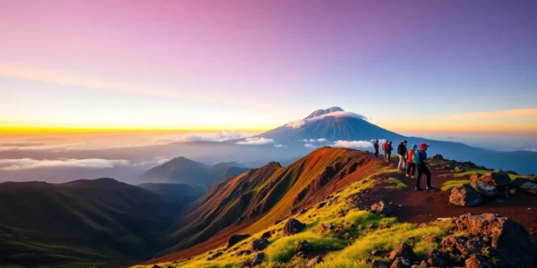Hikers overlooking Mount Rinjani at sunrise from the crater rim with lush green slopes and colorful sky