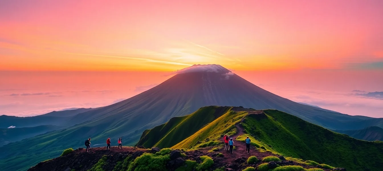 Sunrise at Mount Rinjani's crater rim with trekkers overlooking lush slopes and distant clouds