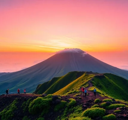 Sunrise at Mount Rinjani's crater rim with trekkers overlooking lush slopes and distant clouds