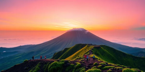 Sunrise at Mount Rinjani's crater rim with trekkers overlooking lush slopes and distant clouds