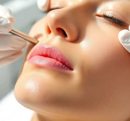 Fadenlifting Zürich: Woman receiving gentle facial procedure for skin lifting and rejuvenation.