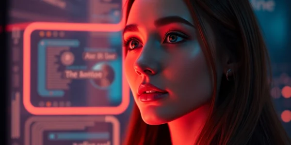 AI girlfriend app interface with a realistic virtual partner engaging in a warm chat, highlighting emotional connection and advanced AI design for user engagement.