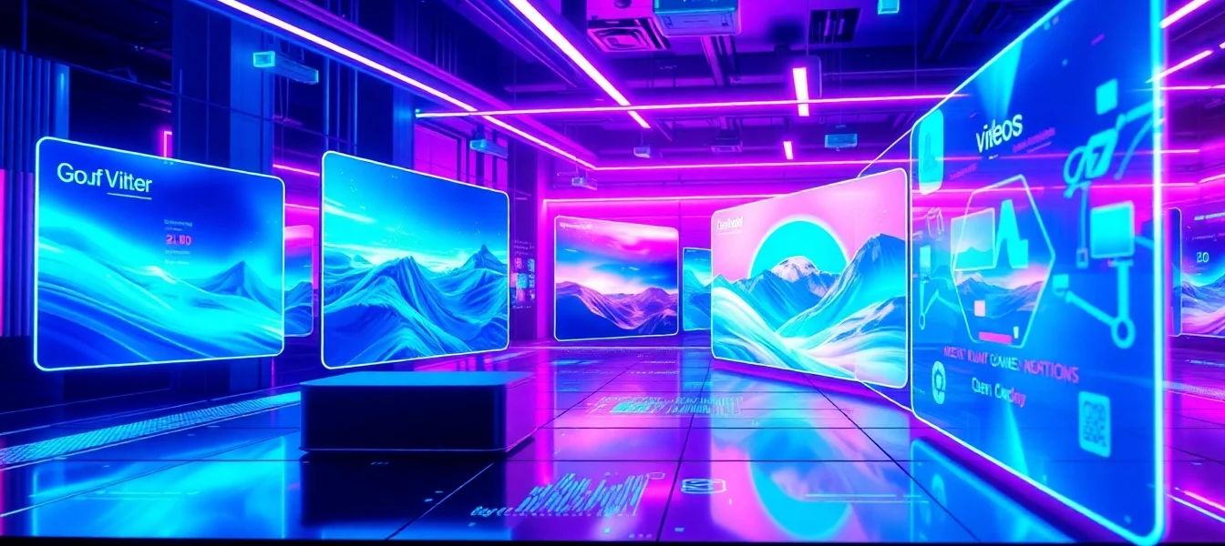 Futuristic digital interface displaying AI-generated images and videos with neon colors and holographic screens.