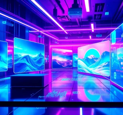 Futuristic digital interface displaying AI-generated images and videos with neon colors and holographic screens.