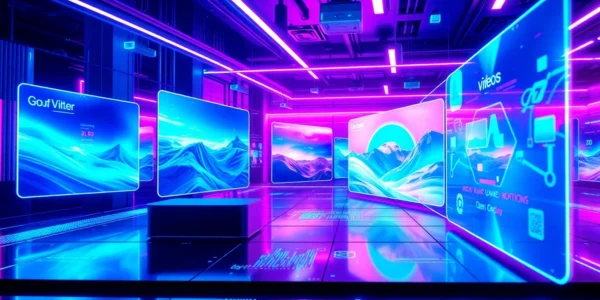 Futuristic digital interface displaying AI-generated images and videos with neon colors and holographic screens.