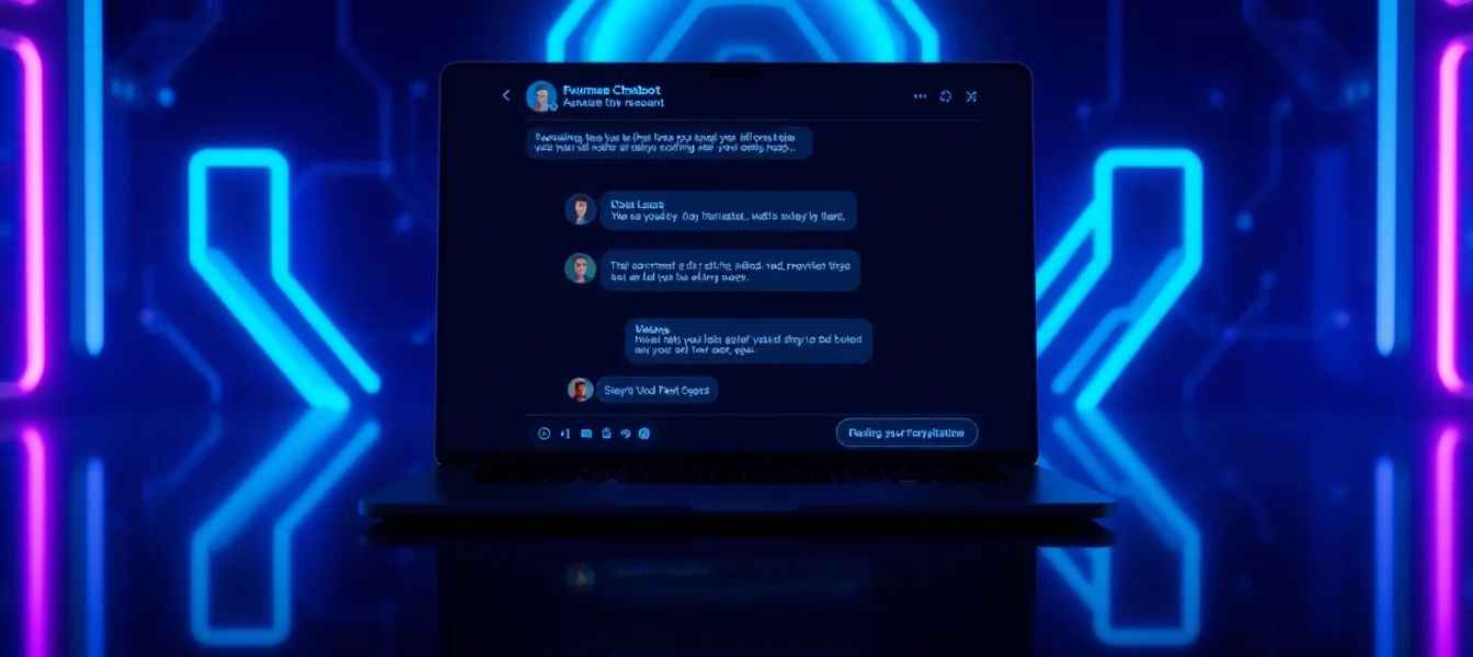 Futuristic digital chat interface with neon accents and holographic elements showcasing AI conversation.