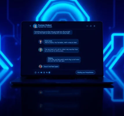 Futuristic digital chat interface with neon accents and holographic elements showcasing AI conversation.