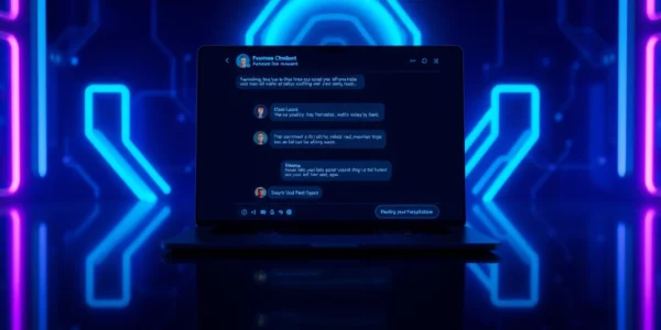Futuristic digital chat interface with neon accents and holographic elements showcasing AI conversation.