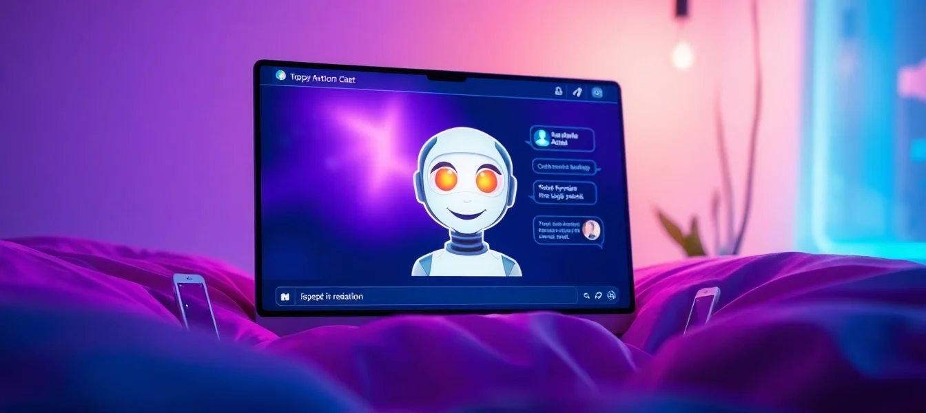 Futuristic chat interface with an AI character on a modern screen, glowing with neon blue and purple accents.