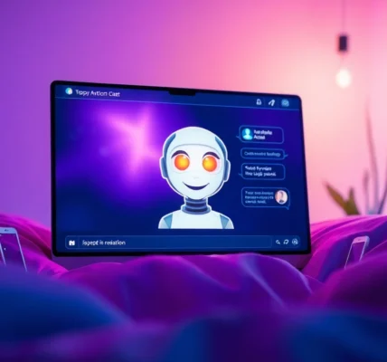 Futuristic chat interface with an AI character on a modern screen, glowing with neon blue and purple accents.
