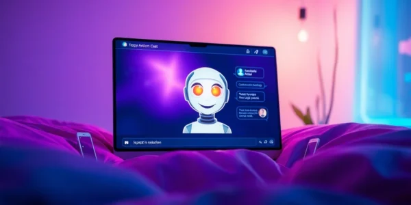 Futuristic chat interface with an AI character on a modern screen, glowing with neon blue and purple accents.