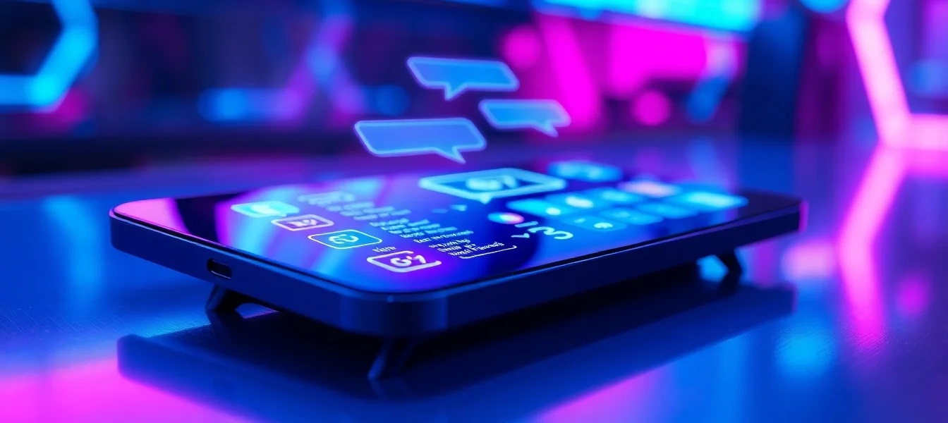 Futuristic AI chat interface on a modern touchscreen device with vibrant neon colors and glowing chat bubbles.