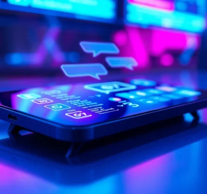 Futuristic AI chat interface on a modern touchscreen device with vibrant neon colors and glowing chat bubbles.