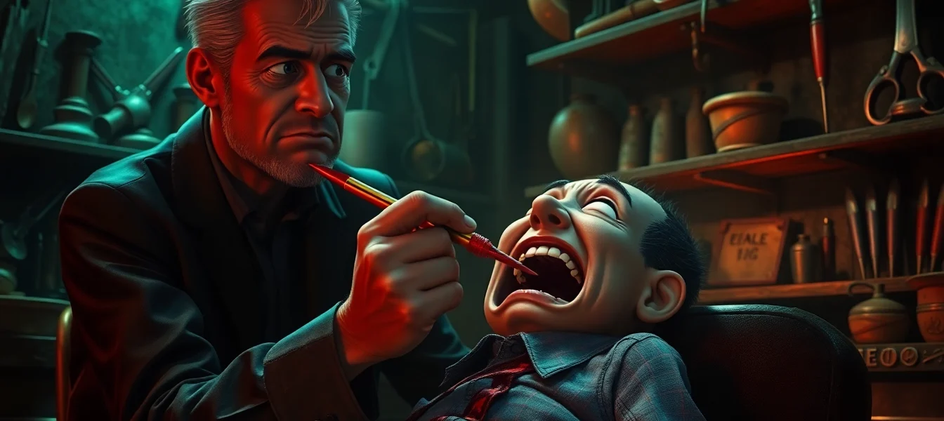 A distressed character harming a suffering figure in a dark, grimy room with sinister tools and flickering lights.