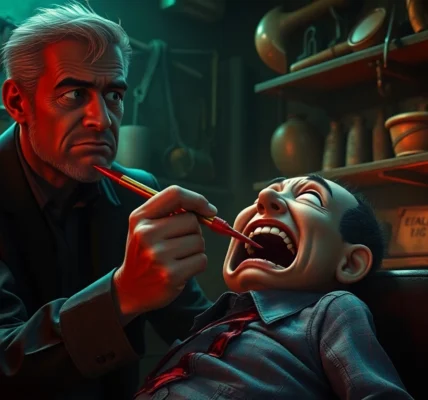 A distressed character harming a suffering figure in a dark, grimy room with sinister tools and flickering lights.