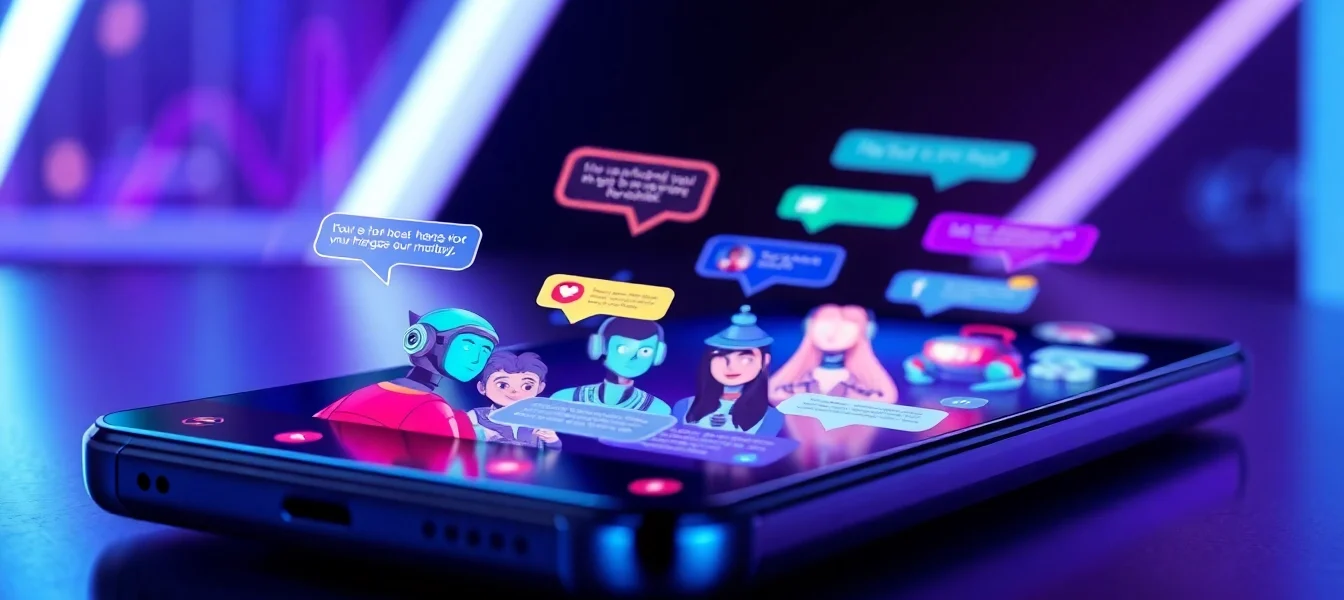 Futuristic chat interface with diverse AI characters in a high-tech setting