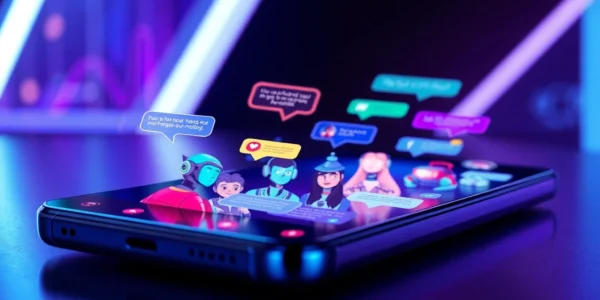Futuristic chat interface with diverse AI characters in a high-tech setting