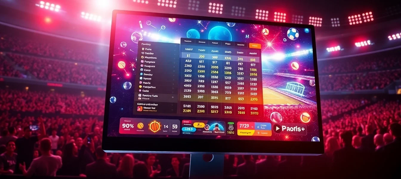 Digital illustration of an online sports betting platform with sports stadium in the background