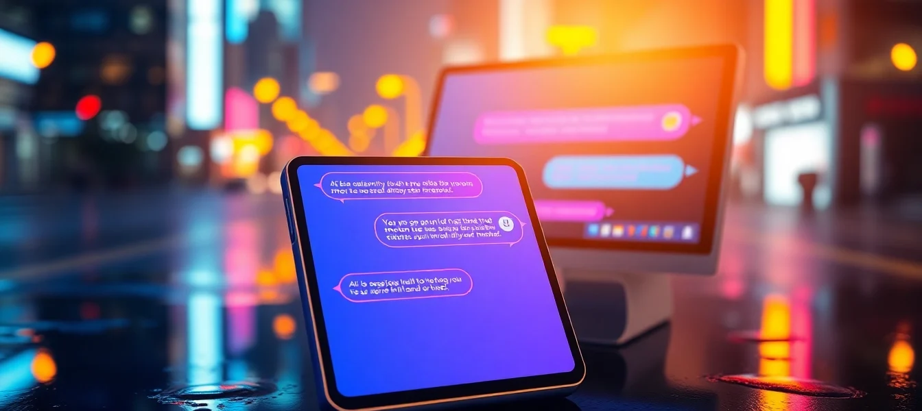 Futuristic AI chat interface on smartphone and computer screens with neon cityscape background