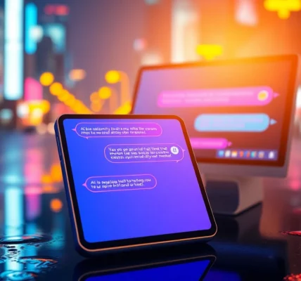 Futuristic AI chat interface on smartphone and computer screens with neon cityscape background