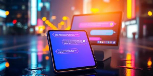 Futuristic AI chat interface on smartphone and computer screens with neon cityscape background