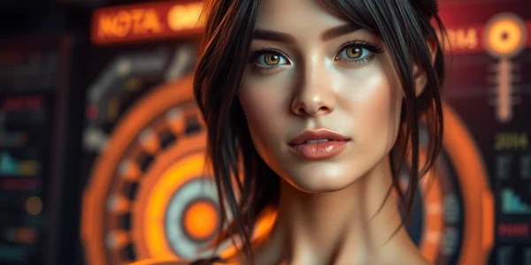 AI girlfriend engaging in a realistic conversation on a sleek tablet, showcasing emotional connection and advanced tech.