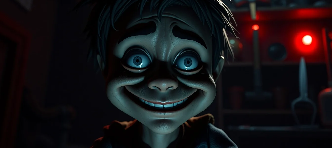 Close-up of Harvey showing distress and pain, with dark, ominous tools in the background, mood of psychological horror.