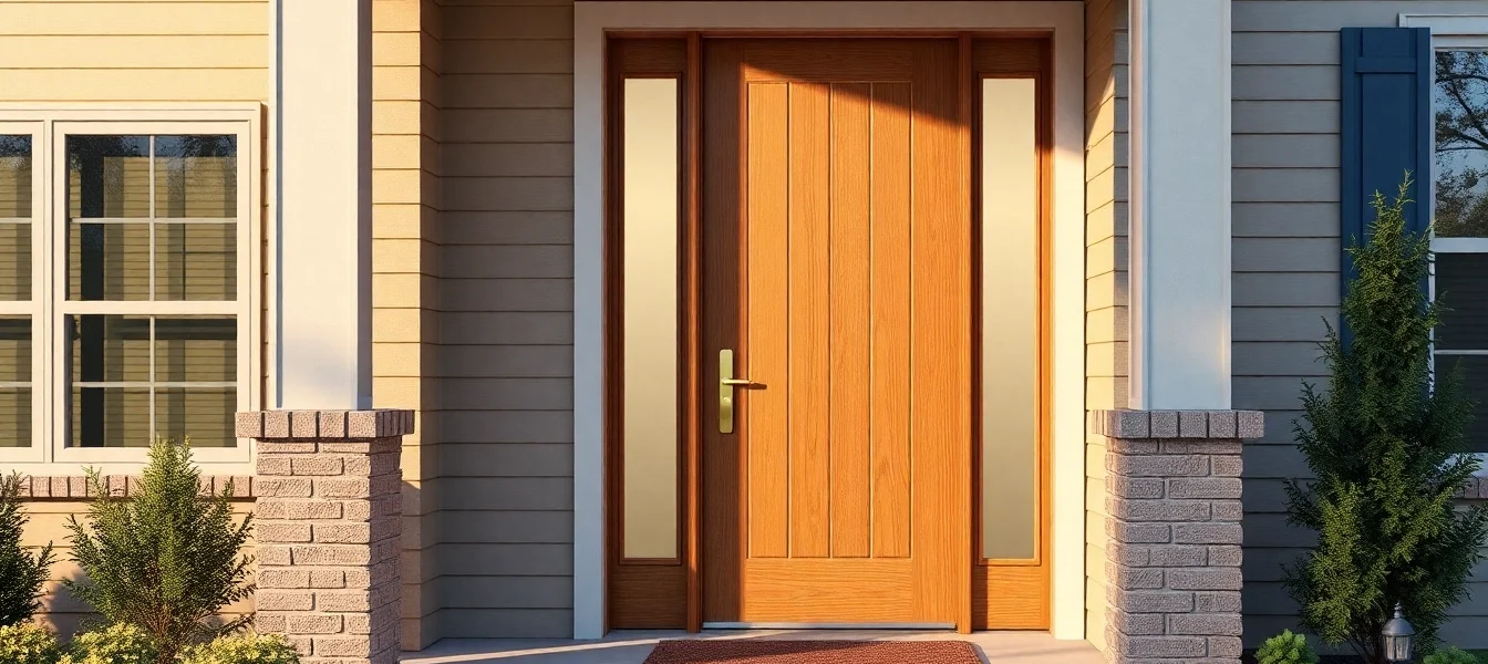Efficient front door replacement: charcoal door with brass handle.