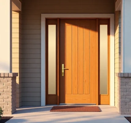 Efficient front door replacement: charcoal door with brass handle.