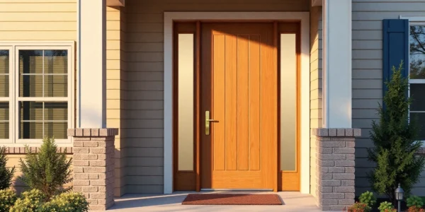 Efficient front door replacement: charcoal door with brass handle.