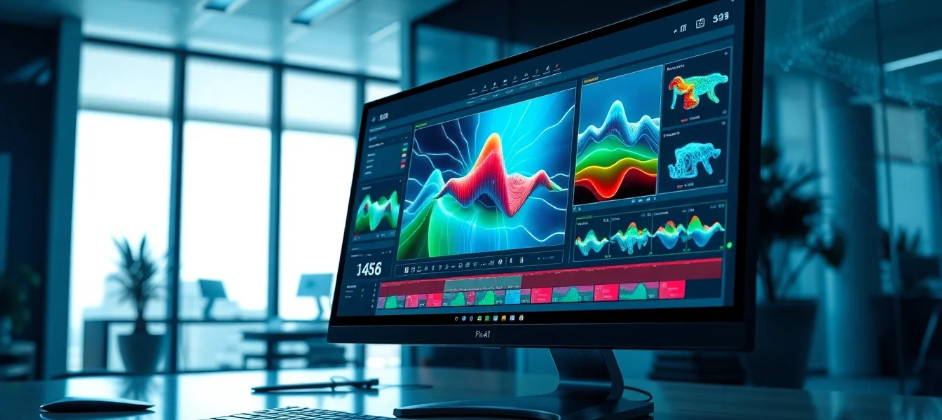 A modern digital workspace with a computer screen showcasing advanced AI image editing tools and futuristic design elements.