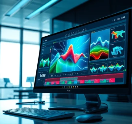 A modern digital workspace with a computer screen showcasing advanced AI image editing tools and futuristic design elements.