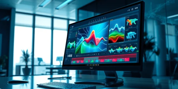 A modern digital workspace with a computer screen showcasing advanced AI image editing tools and futuristic design elements.