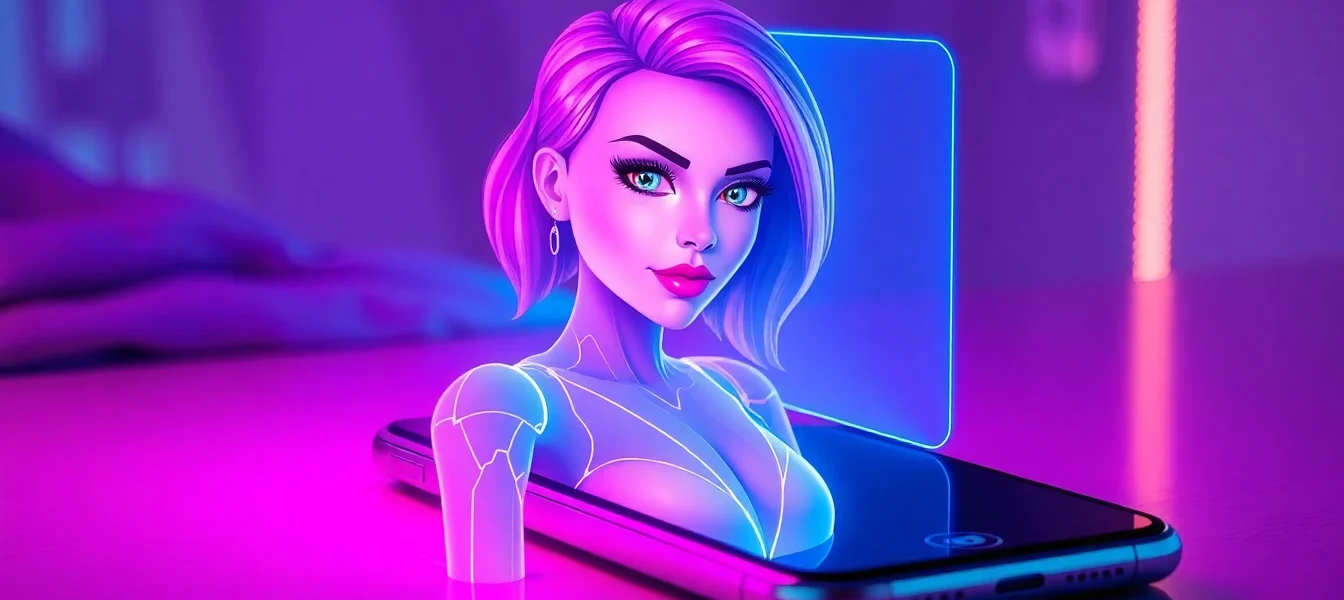 A futuristic smartphone with a holographic AI character engaged in flirtatious conversation, glowing in neon colors against a blurred, ambient background.