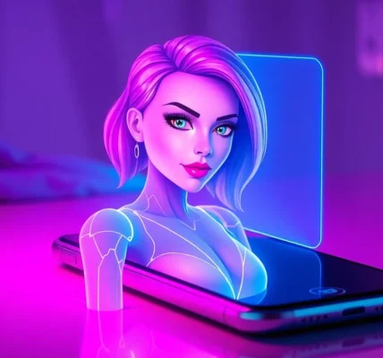 A futuristic smartphone with a holographic AI character engaged in flirtatious conversation, glowing in neon colors against a blurred, ambient background.