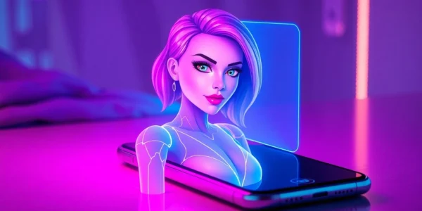 A futuristic smartphone with a holographic AI character engaged in flirtatious conversation, glowing in neon colors against a blurred, ambient background.