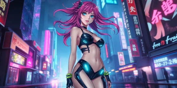 Anime-style female character in cyberpunk cityscape with neon lights and vibrant colors