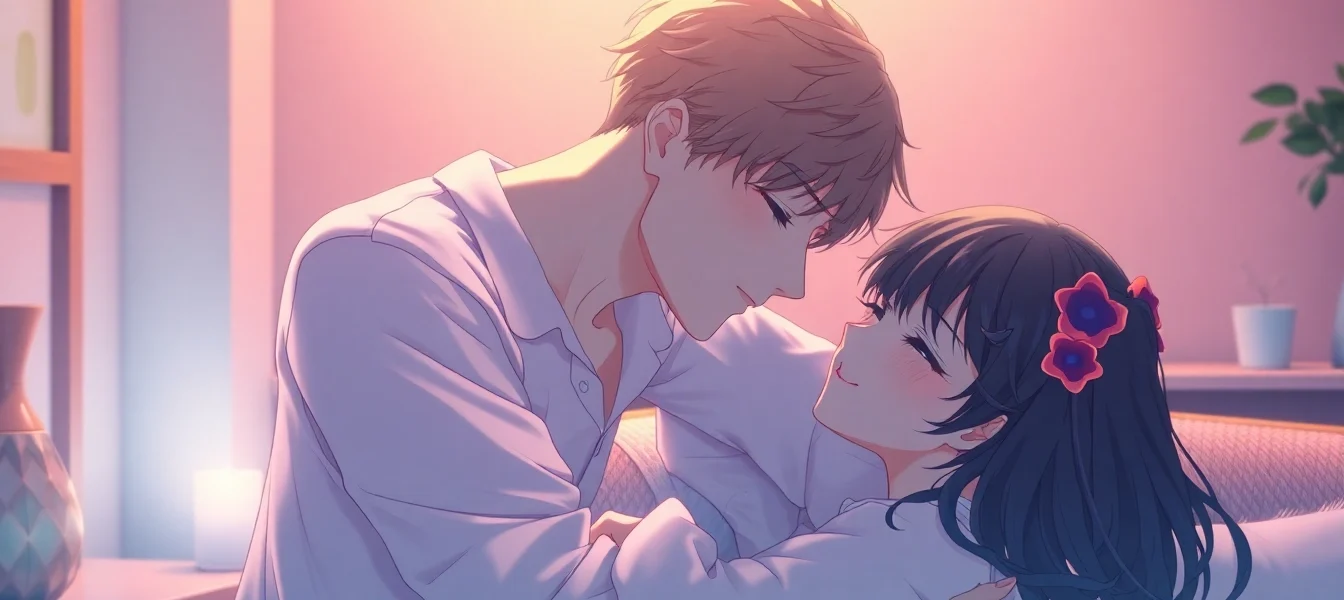 Vivid nsfw ai scene with anime characters in romantic pose, highlighting detailed expressions and intimate atmosphere for easy accessibility.