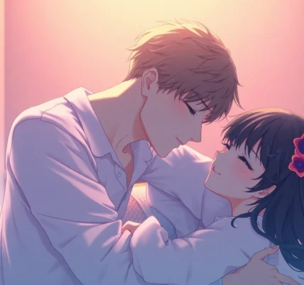 Vivid nsfw ai scene with anime characters in romantic pose, highlighting detailed expressions and intimate atmosphere for easy accessibility.