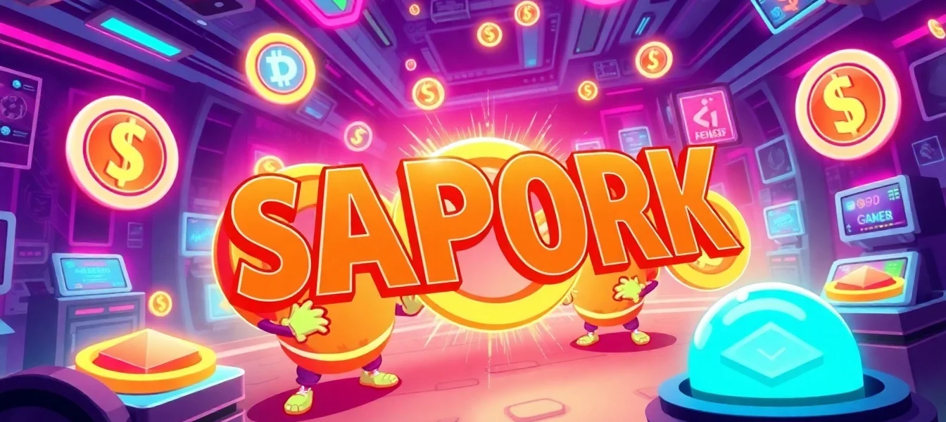 Engaging visual explaining APORK Tokenomics with blockchain icons, coin mascots, and gaming