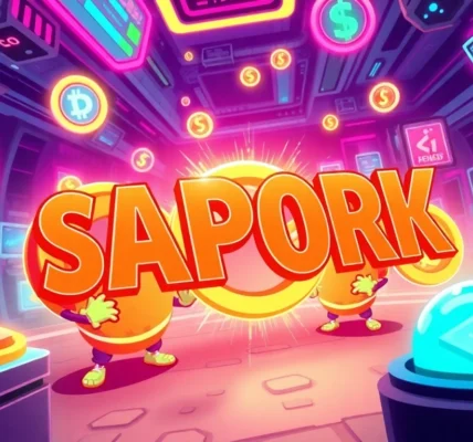 Engaging visual explaining APORK Tokenomics with blockchain icons, coin mascots, and gaming
