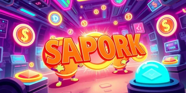 Engaging visual explaining APORK Tokenomics with blockchain icons, coin mascots, and gaming